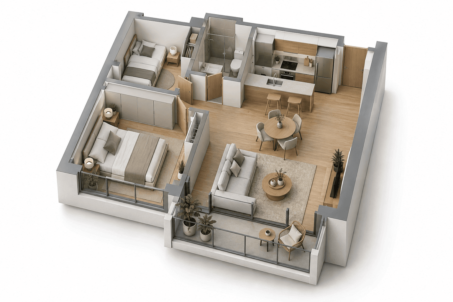 Ilustración arquitectónica de un apartamento, con sus ambientes a la vista